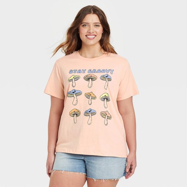 Grayson Threads Women's Plus Size Stay Groovy Mushroom Grid Short Sleeve Graphic T-shirt - Pink