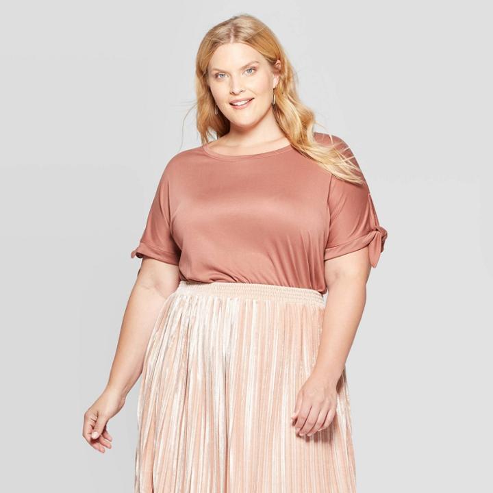 Women's Plus Size Tie Short Sleeve Crewneck T-shirt - Ava & Viv Blush Brown X, Women's