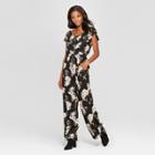 Women's Floral Print Ruffle V-neck Tie Front Jumpsuit - Xhilaration Black/blush
