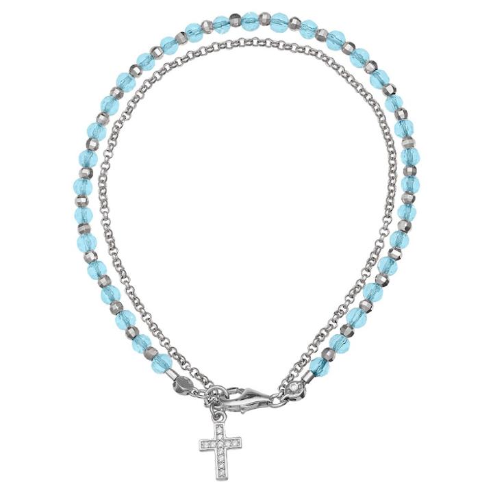 Distributed By Target Women's Sterling Silver Rolo Bracelet With Cross Accent And Crystals - Silver/blue