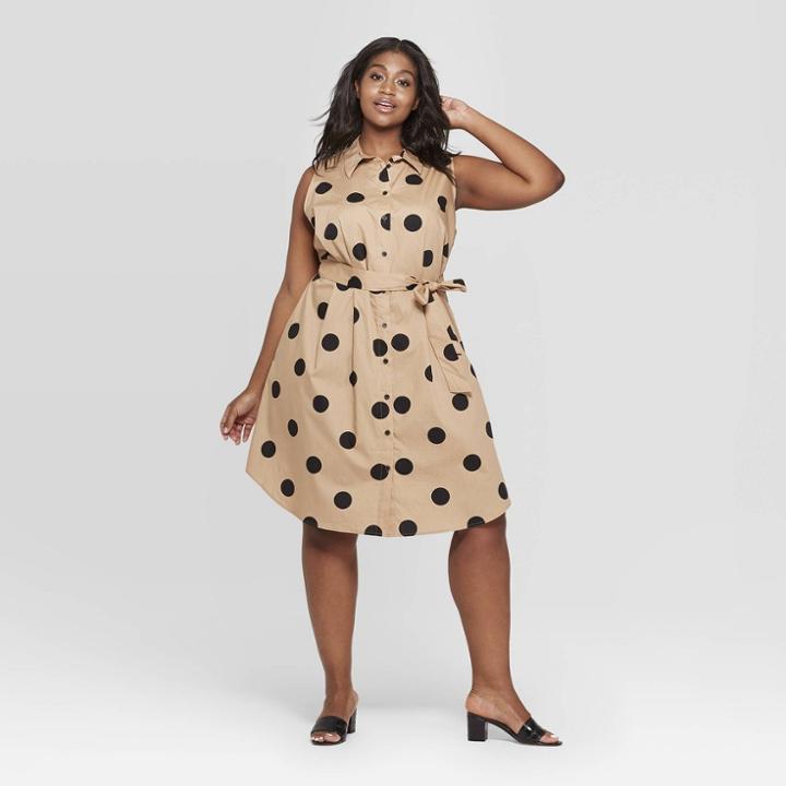 Women's Plus Size Polka Dot Button Front Tie Waist Shirtdress - Who What Wear Taupe/black (brown/black) X