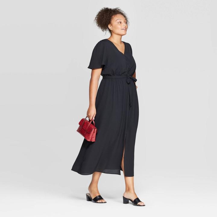 Women's Plus Size Short Sleeve V-neck Button Front Maxi Dress - Ava & Viv Black