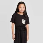 Petitegirls' Short Sleeve Knit T-shirt With Lace Pocket - Art Class Black S, Girl's,