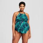 Women's Plus Size High Neck Flyaway Tankini Top - Ava & Viv Blue Palm