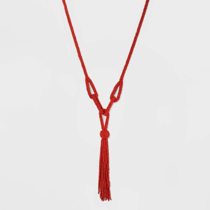 Roped Seed Bead And Tassel Pendant Necklace - A New Day Coral Red, Women's,