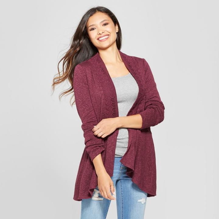 Women's Long Sleeve Scallop Trim Open Layering Cardigan - Knox Rose Plum