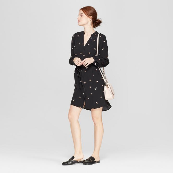 Women's Floral Print Long Sleeve Crepe Shirt Dress - A New Day Black