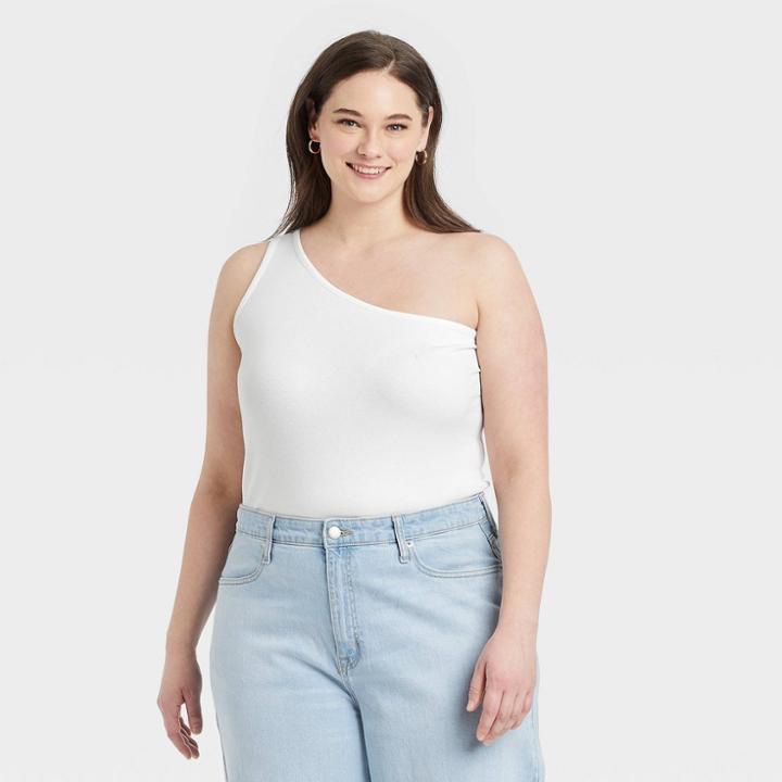 Women's Plus Size Slim Fit One Shoulder Tank Top - A New Day White