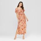 Women's Floral Print Short Sleeve Smocked Top Maxi Dress With Side Slit - Xhilaration Blush Pink
