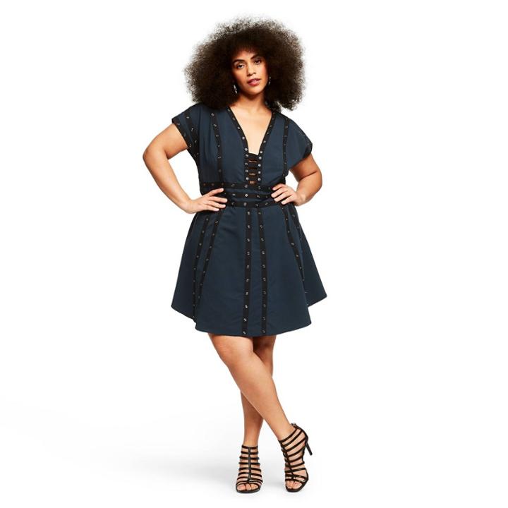 Women's Plus Size Snap Detail Short Sleeve V-neck Shift Mini Dress - Zac Posen For Target Navy 18w, Women's, Blue
