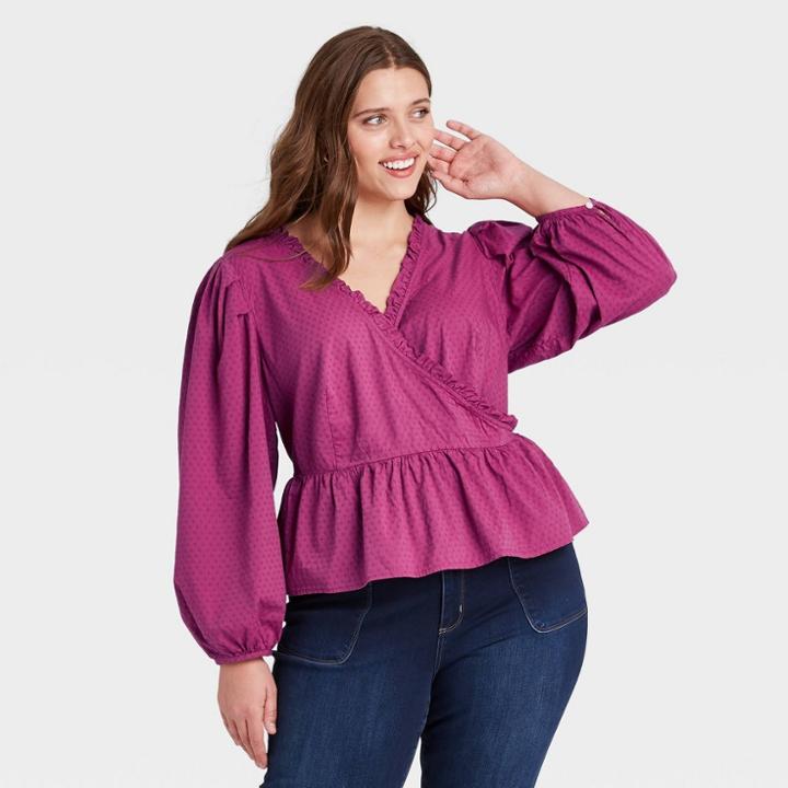 Women's Plus Size Balloon Long Sleeve Wrap Top - Universal Thread Pink
