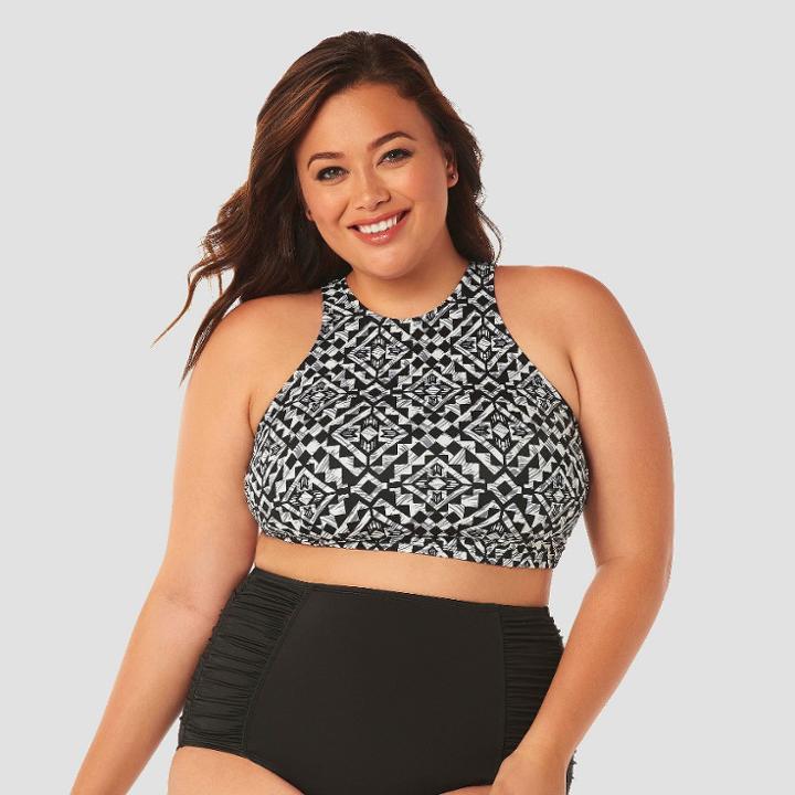 Women's Slimming Control High Neck Bikini Top - Beach Betty By Miracle Brands Black/white Abstract