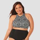 Women's Slimming Control High Neck Bikini Top - Beach Betty By Miracle Brands Black/white Abstract