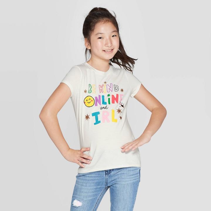 Petitegirls' Short Sleeve Be Kind Online Graphic T-shirt - Cat & Jack Cream S, Girl's, Size: