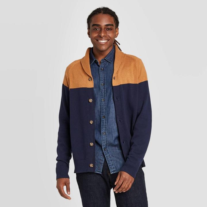 Men's Colorblock Regular Fit Button-down Shawl Sweater - Goodfellow & Co Navy