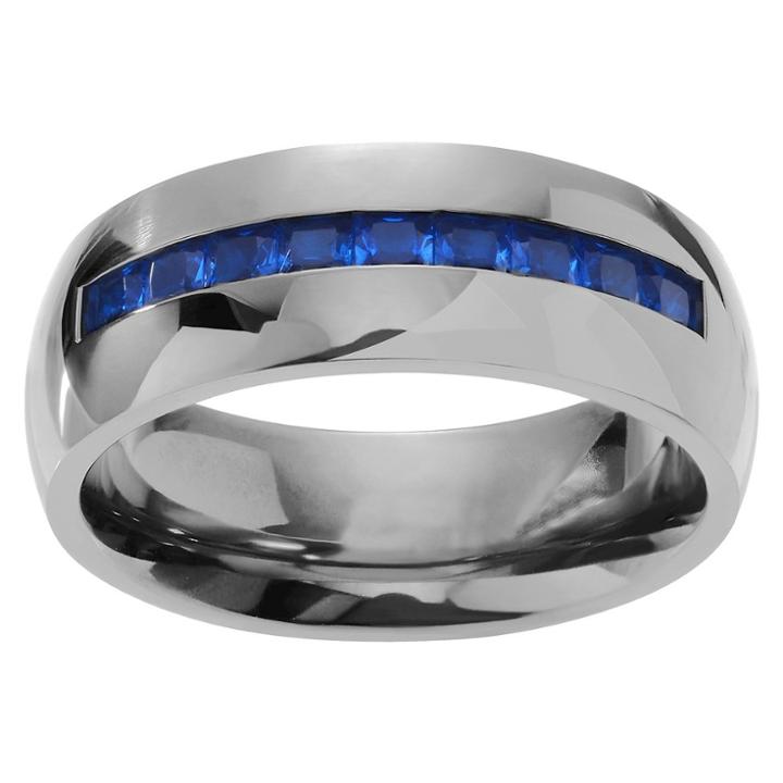 Territory 3 / 8 Ct. T.w. Square-cut Cz Men's Polished Wedding Inlaid Ring In Titanium - Blue,