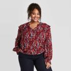 Women's Plus Size Floral Print Long Sleeve Romantic Ruffle Blouse - A New Day Red