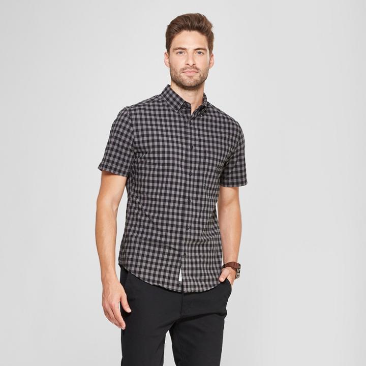 Men's Plaid Slim Fit Short Sleeve Soft Wash Button-down Shirt - Goodfellow & Co Charcoal
