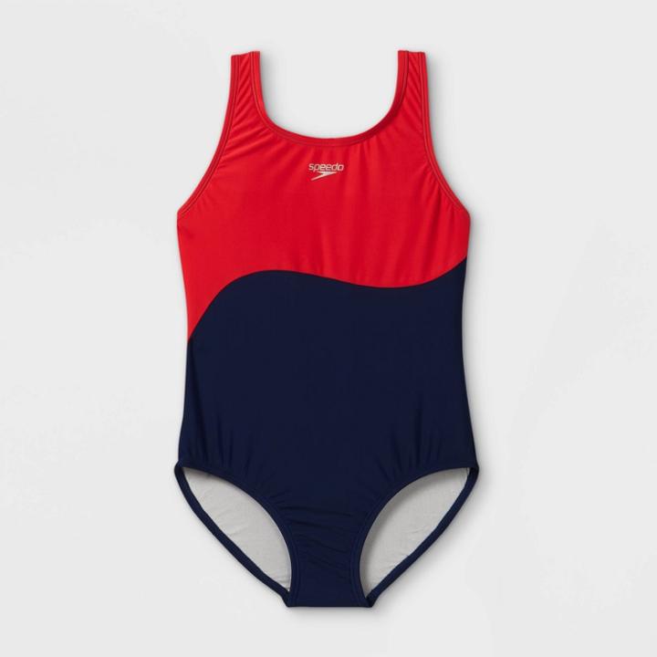 Speedo Girls' Wavy Splice One Piece Swimsuit - Blue/red