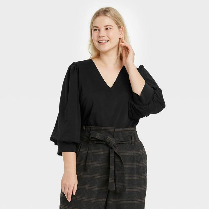 Women's Plus Size 3/4 Sleeve Voile Top - A New Day Black