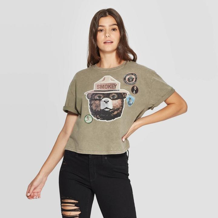Petitewomen's Smokey Bear Short Sleeve Graphic Cropped T-shirt (juniors') - Olive Green Wash L, Women's,