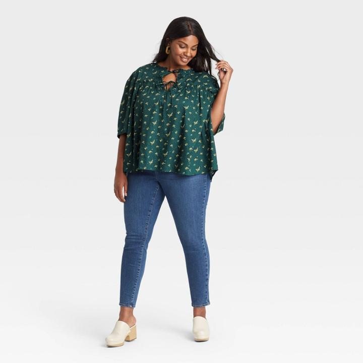 Women's Plus Size Puff Short Sleeve Tie Neck Blouse - Universal Thread Dark Green Floral