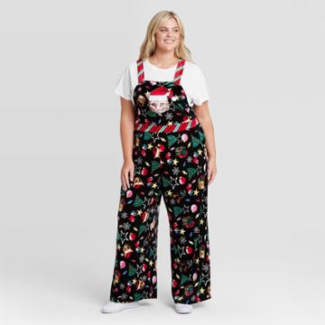 Born Famous Women's Plus Size Ugly Holiday Cat Print Sleeveless Jumpsuit - Black