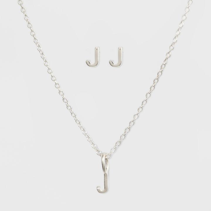 Sterling Silver Initial J Earrings And Necklace Set - A New Day Silver, Girl's,