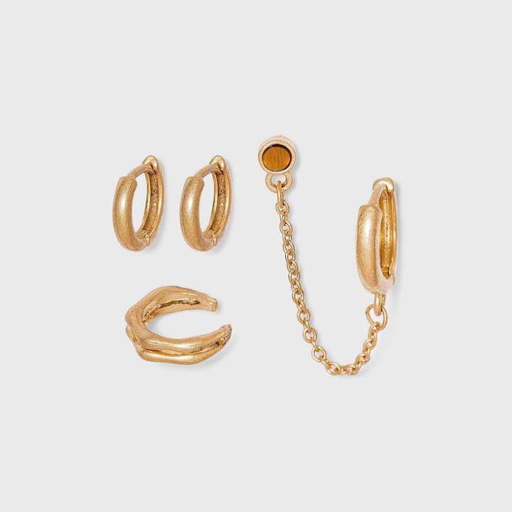 Semi-precious Tiger's Eye Huggie Hoop Earring Set 3pc - Universal Thread Gold
