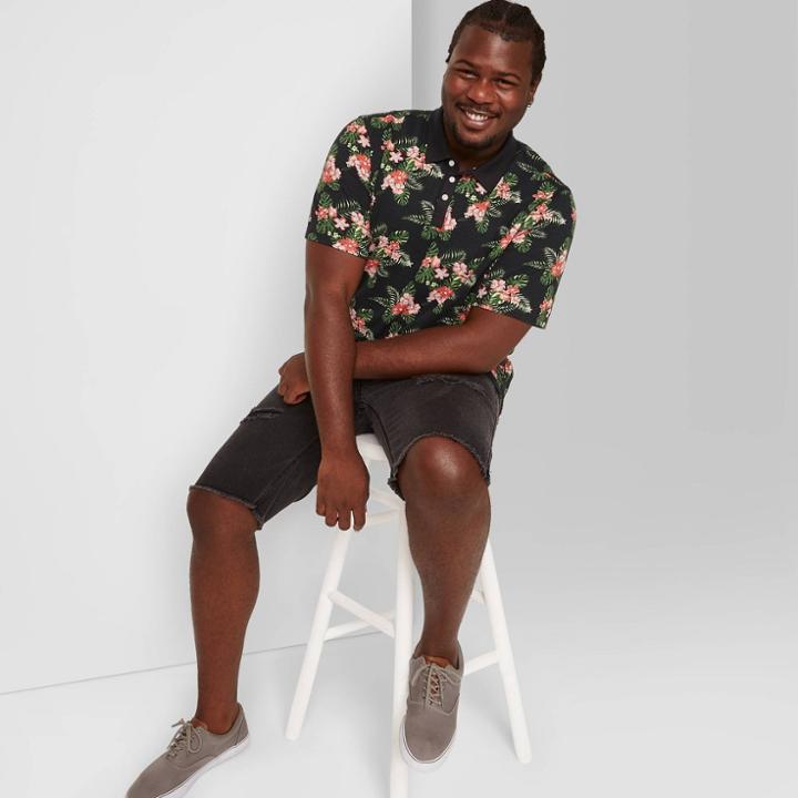 Men's Big & Tall Floral Print Short Sleeve Retro Polo Shirt - Original Use Navy