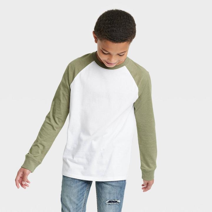 Boys' Long Sleeve Baseball T-shirt - Cat & Jack White/olive Green