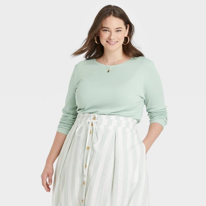 Women's Plus Size Long Sleeve Ribbed T-shirt - A New Day