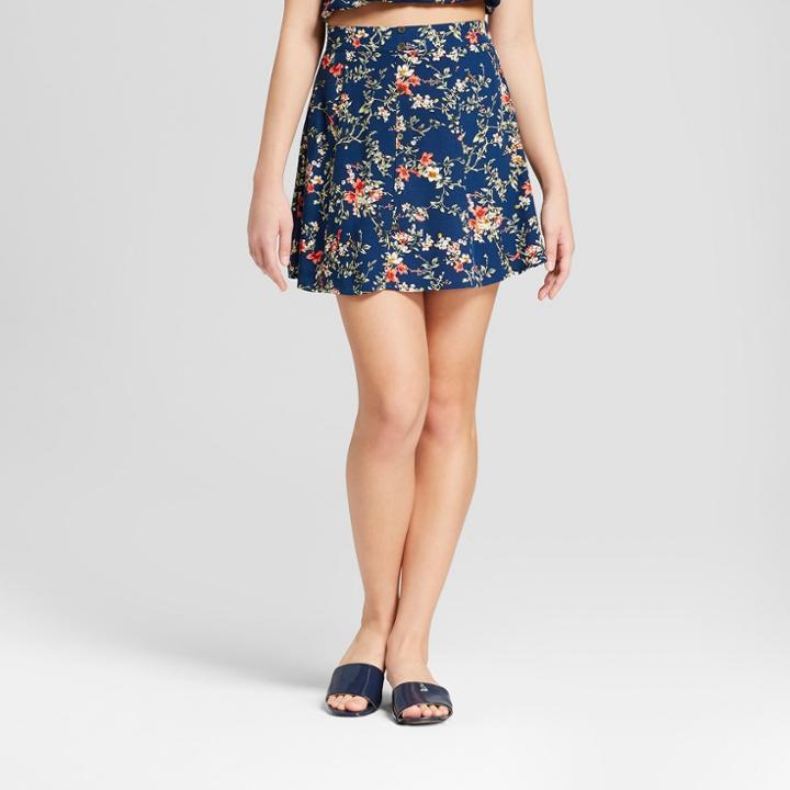 Women's Floral Print Button Front Mini Skirt - Xhilaration Navy (blue)
