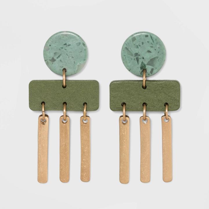 Round Disc Stud And Rectangle With Bar Fringe Drop Earrings - Universal Thread Green, Women's