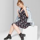 Women's Plus Size Women's Short Ruched Sleeve Floral V-neck Button Dress - Wild Fable Black