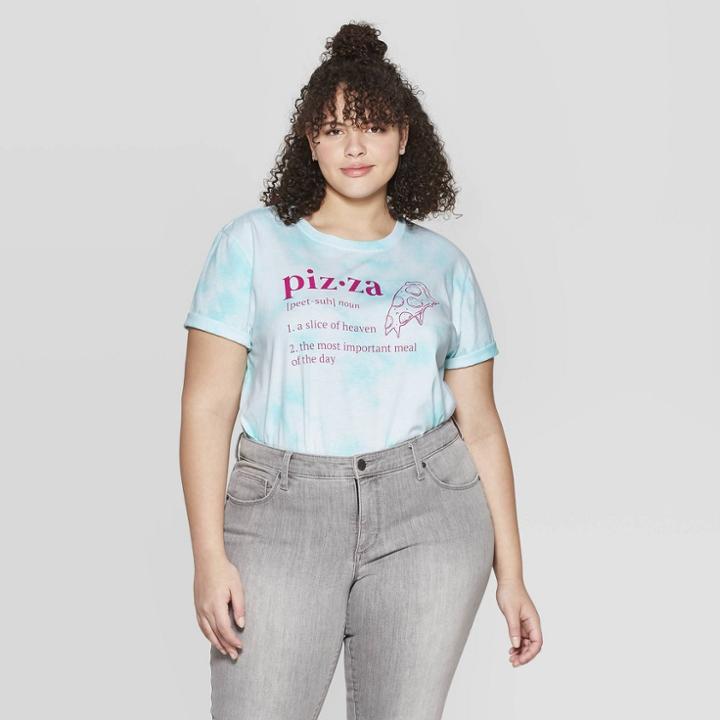 Women's Plus Size Short Sleeve Pizza T-shirt - Mighty Fine (juniors') - Teal Wash