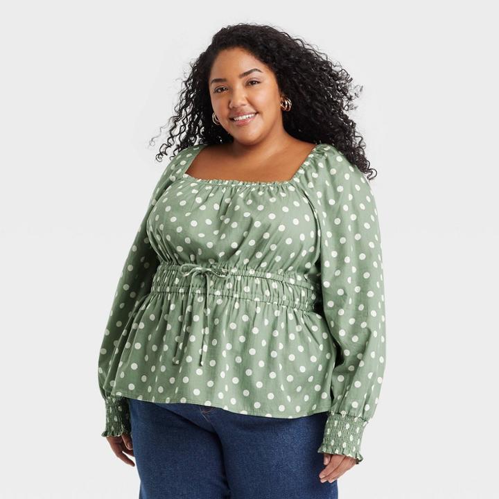 Women's Plus Size Long Sleeve Peplum Top - Ava & Viv Green Apple Polka Dots