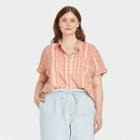 Women's Plus Size Short Sleeve Button-down Shirt - Universal Thread Coral Pink Plaid