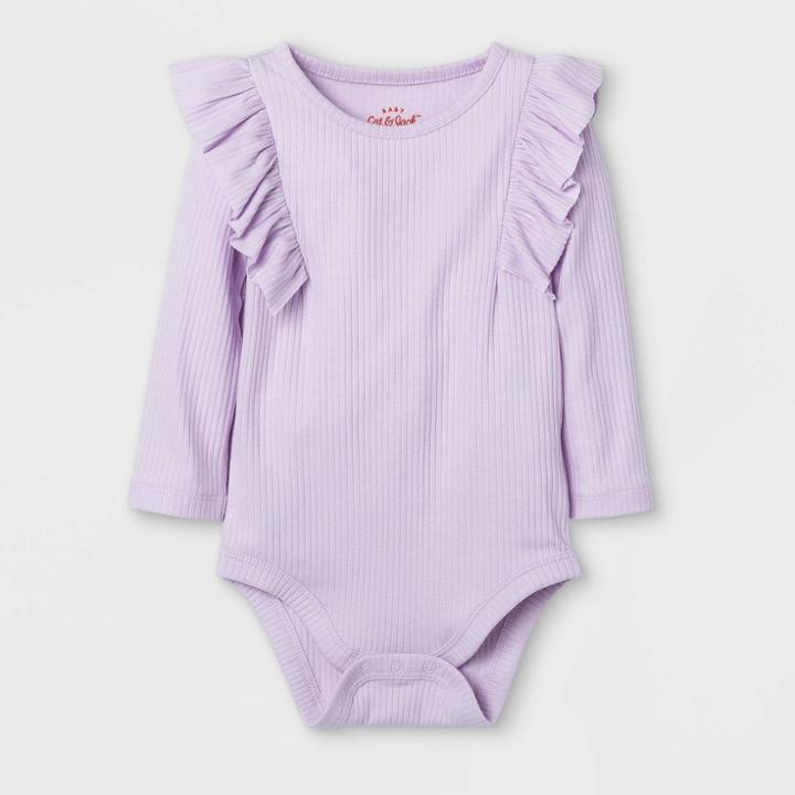 Baby Girls' Rib Ruffle Long Sleeve Bodysuit - Cat & Jack Light Purple Newborn