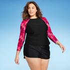 Women's Plus Size Long Sleeve Rash Guard - All In Motion Black & Pink Floral X