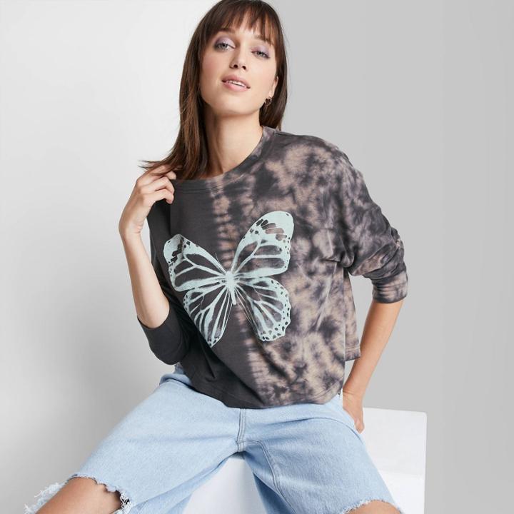 Women's Long Sleeve Boxy T-shirt - Wild Fable Brown Tie-dye