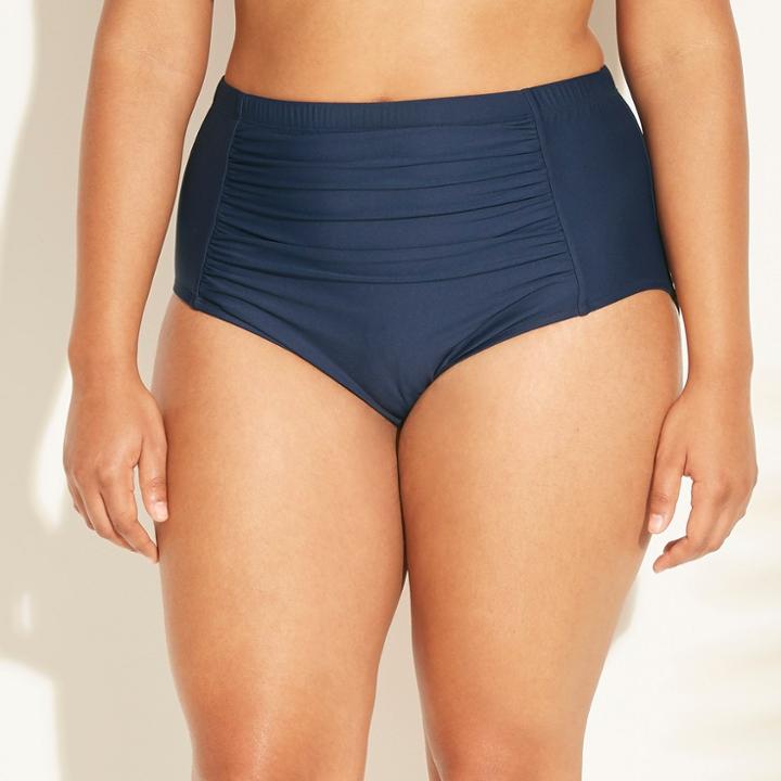 Women's Plus Size Ruched High Waist Bikini Bottom - Sea Angel Navy