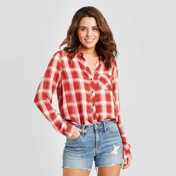 Women's Plaid Long Sleeve Button-down Shirt - Universal Thread Red