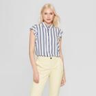 Women's Striped Ruffle Sleeve Button-up Tank Top - A New Day White/blue