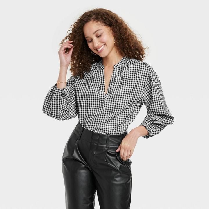 Women's Long Sleeve Gingham Popover Top - A New Day Black/white