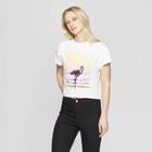 Women's Short Sleeve Scoop Neck California Flamingo Cropped T-shirt - Grayson Threads (juniors') - White