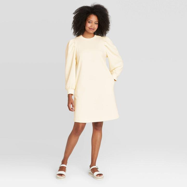 Women's Puff Long Sleeve Sweatshirt Dress - Prologue Cream