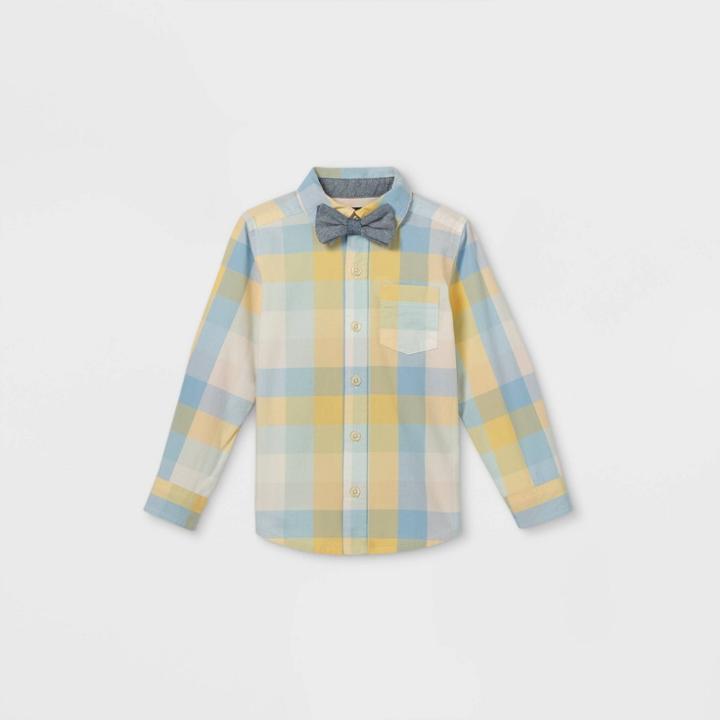 Oshkosh B'gosh Toddler Boys' Plaid Woven Long Sleeve Button-down Shirt & Bow Tie Set - Light Blue/yellow