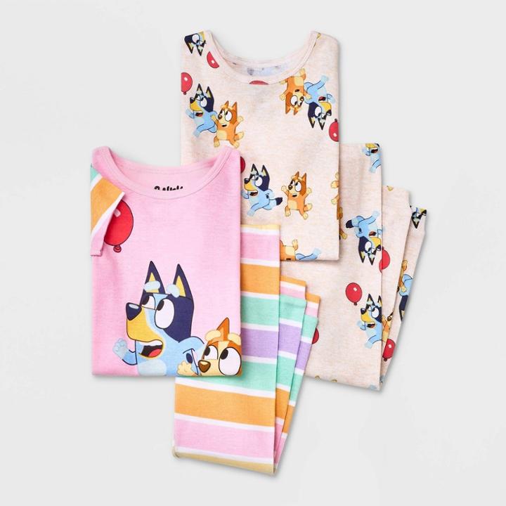 Toddler Girls' 4pc Bluey 'rainbow Chasing The Balloon' Snug Fit Top And Pants Pajama