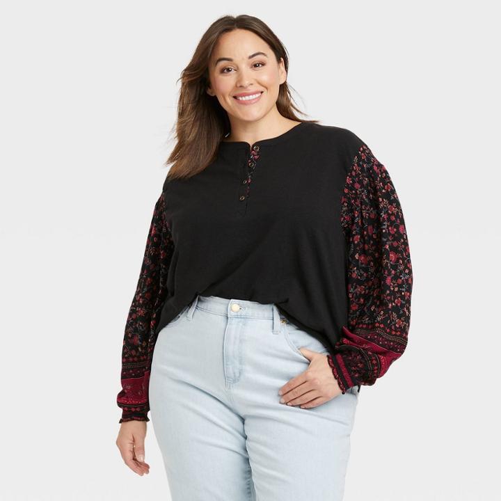 Women's Plus Size Long Sleeve Henley Top - Knox Rose Black Floral